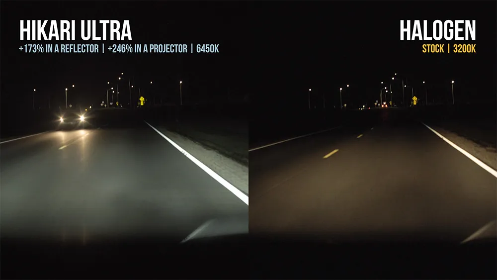Hikari Ultra and stock halogen road photographs presented side by side in the original BulbFacts review